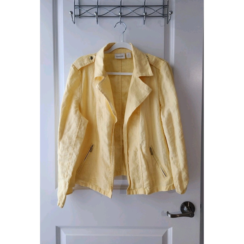 Chicos Women's‎ Linen Open Front Jacket Yellow Roll Tab Sleeves Zip Pockets L/12